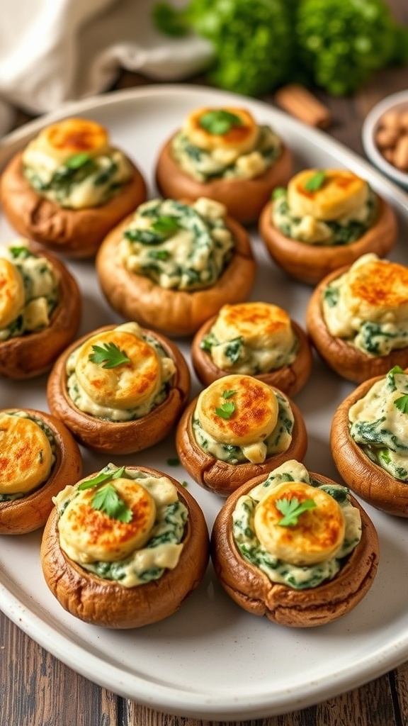 A delicious platter of baked spinach and cheese stuffed mushrooms garnished with parsley on a rustic table.